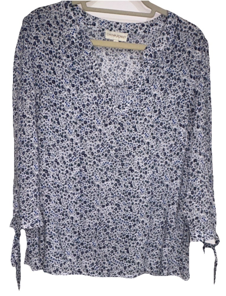 Cynthia Rowley New Womens Sz L Floral Blue White Tie Sleeve V-Neck Rayon Blouse