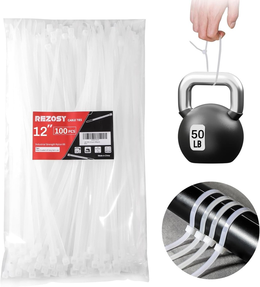 12-Inch White Zip Ties 100-Pack High Tensile Strength Clear Cable Ties