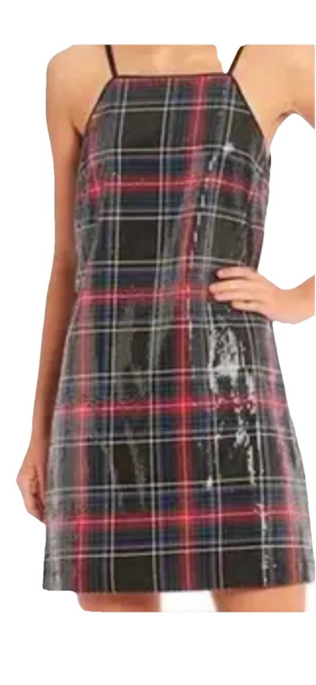 Copper Key Plaid Tartan Sequin Sleeveless Mini Shift Dress Black Red Size S NWT