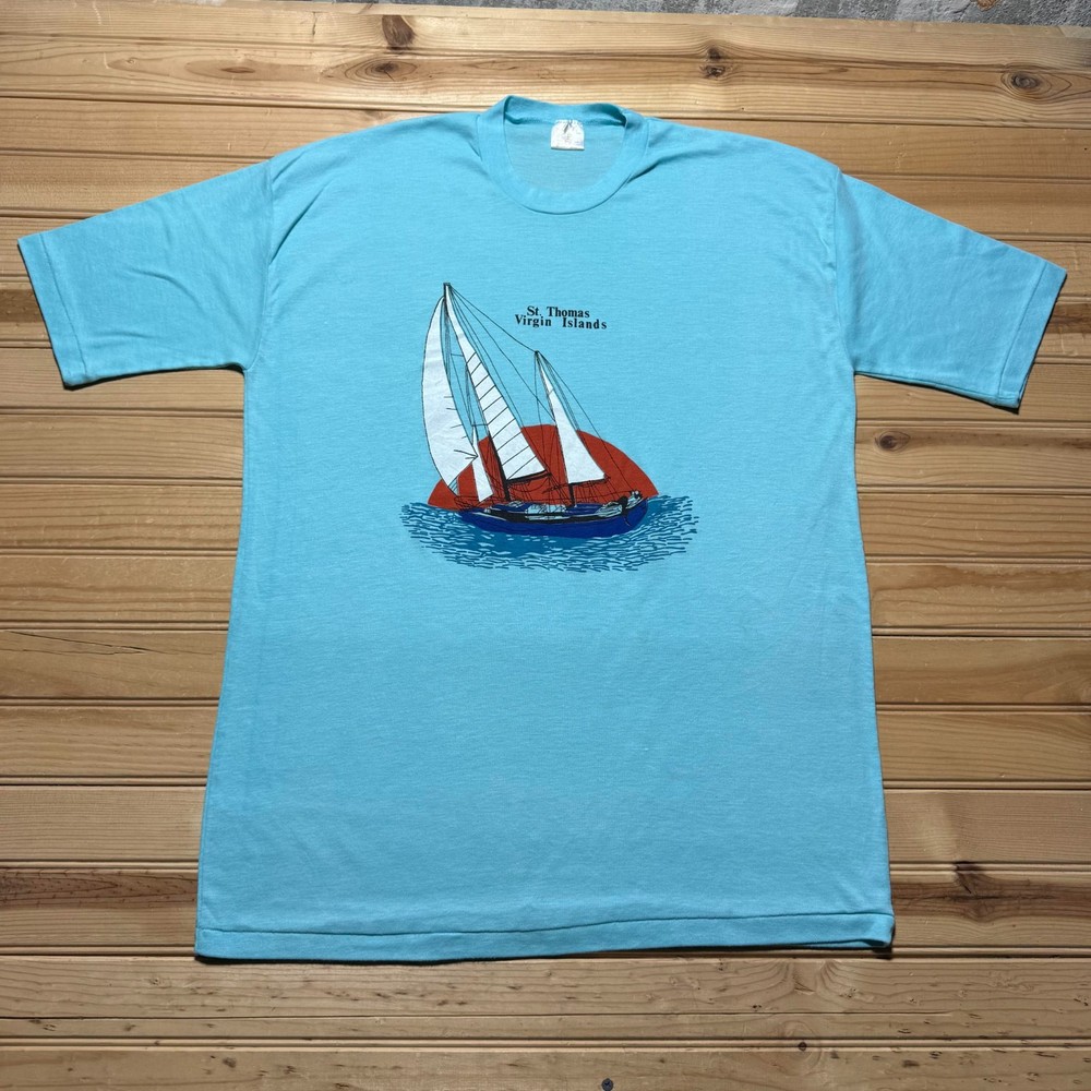 Vintage 90s St. Thomas Virgin Islands Sailboat Beach Souvenir T-Shirt Fits XL