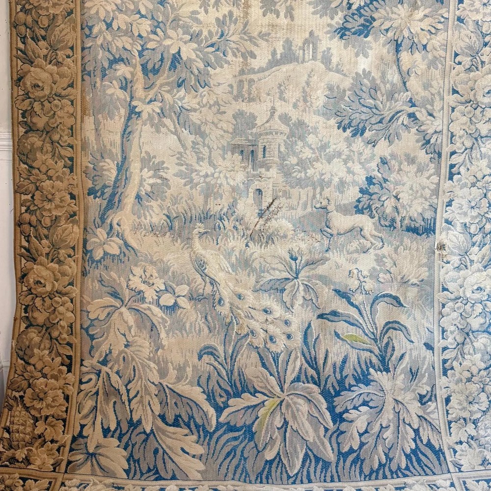 118x50 Antique French Woven Tapestry Blue Verdure Landscape Wall Art Wabi Sabi