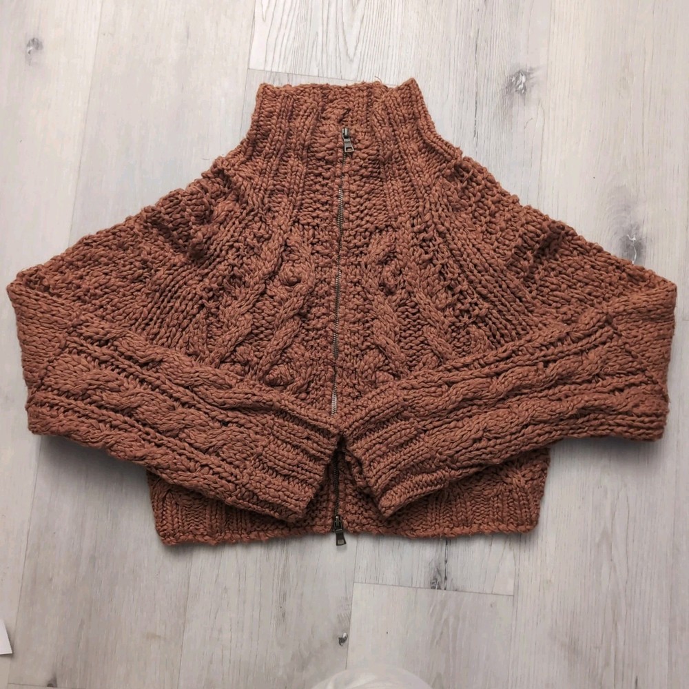 Free People Cable Knit Sweater Women's Small Cropped Silhouette Full Zip