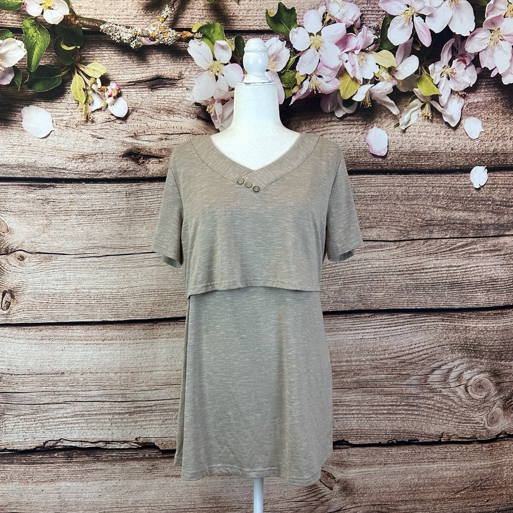 Joy Mom Women’s Beige Layered Feminine Solid V-Neck Blouse Tunic XL