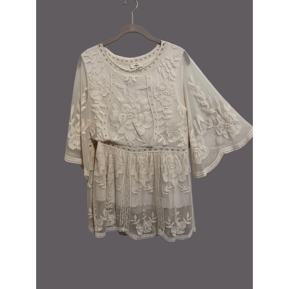 Entro Womens  Embroidered Lace Lined Ivory Babydoll Top Fairy Cottagecore S