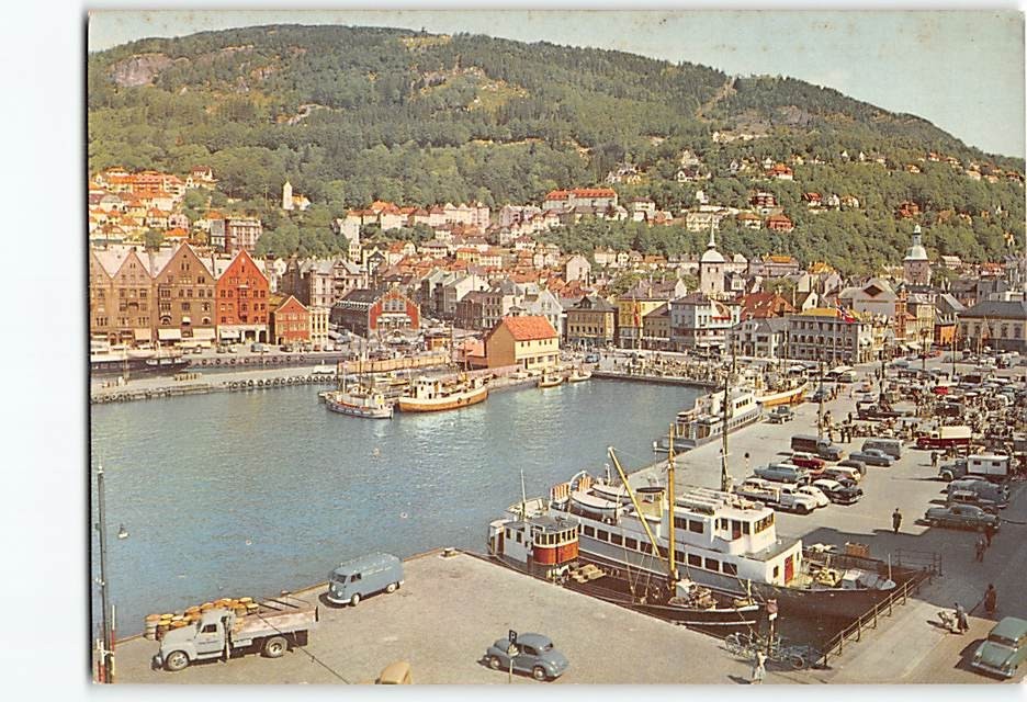 Postcard View of the Harbour area towards the Mountain Fløyen Bergen Norway