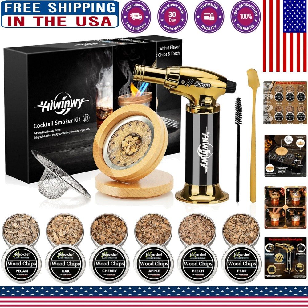 Whiskey Smoker Kit with Torch - 6 Wood Chip Flavors for Distinctive Cocktails