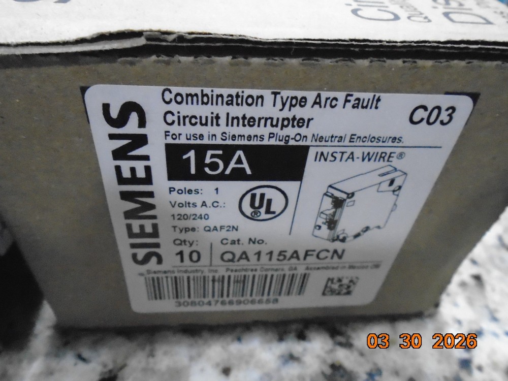 Siemens Qa115Afcn 15Amp Afci Combination Arc Fault  120V Plug-On Neutral New