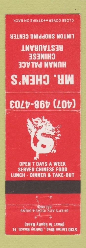 Matchbook Cover - Mr Chen's Chinese Restaurant Delray Beach FL