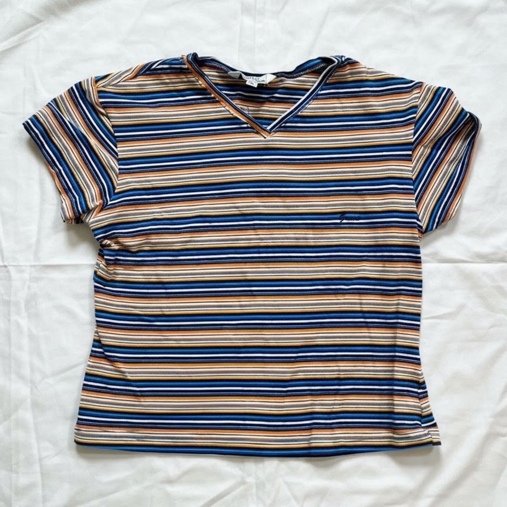 Guess Y2k Blue Orange Striped Cropped Tee Youth XL Womens S