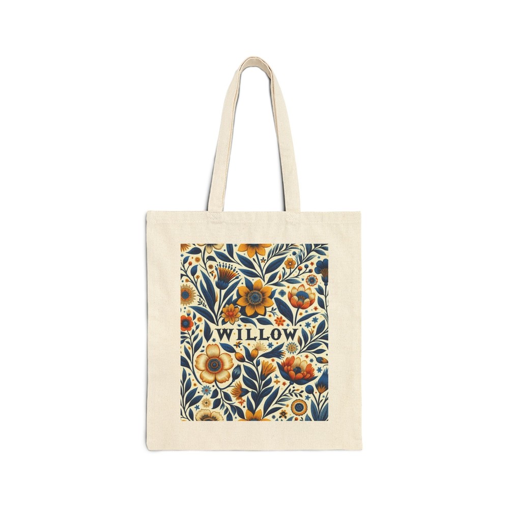Personalized WILLOW Cotton Canvas Tote Bag with Yellow Blue Floral Design