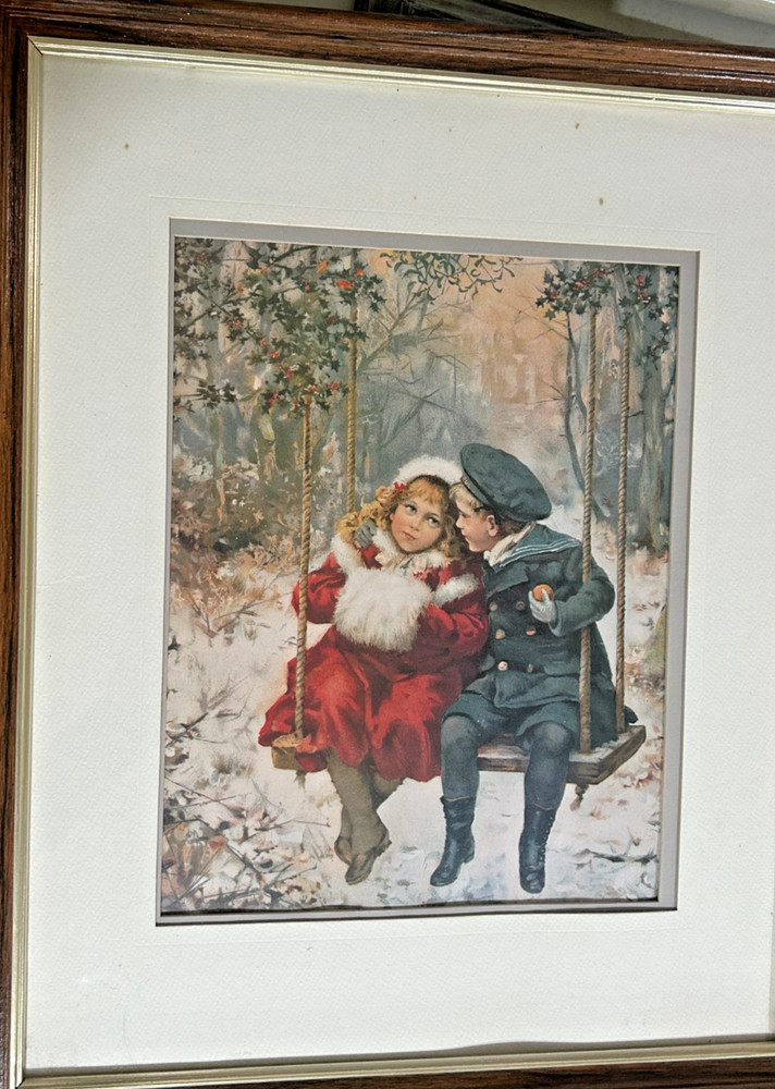 Vintage Framed Art Print – Children on Winter Swing – Classic Illustration Style