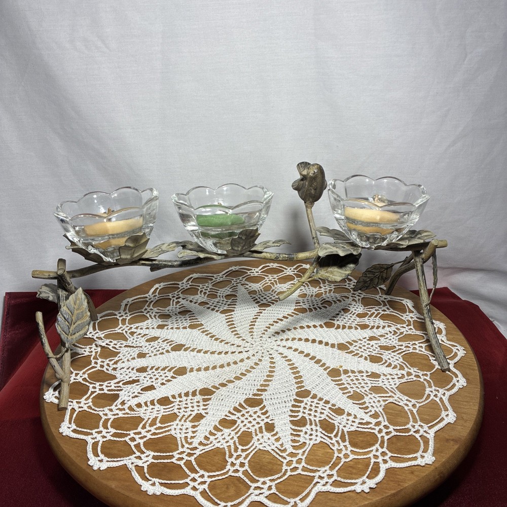 Candle Holder  Cast Iron Bird Branch/ Leaves  Glass  Votive Rustic Outdoorsy