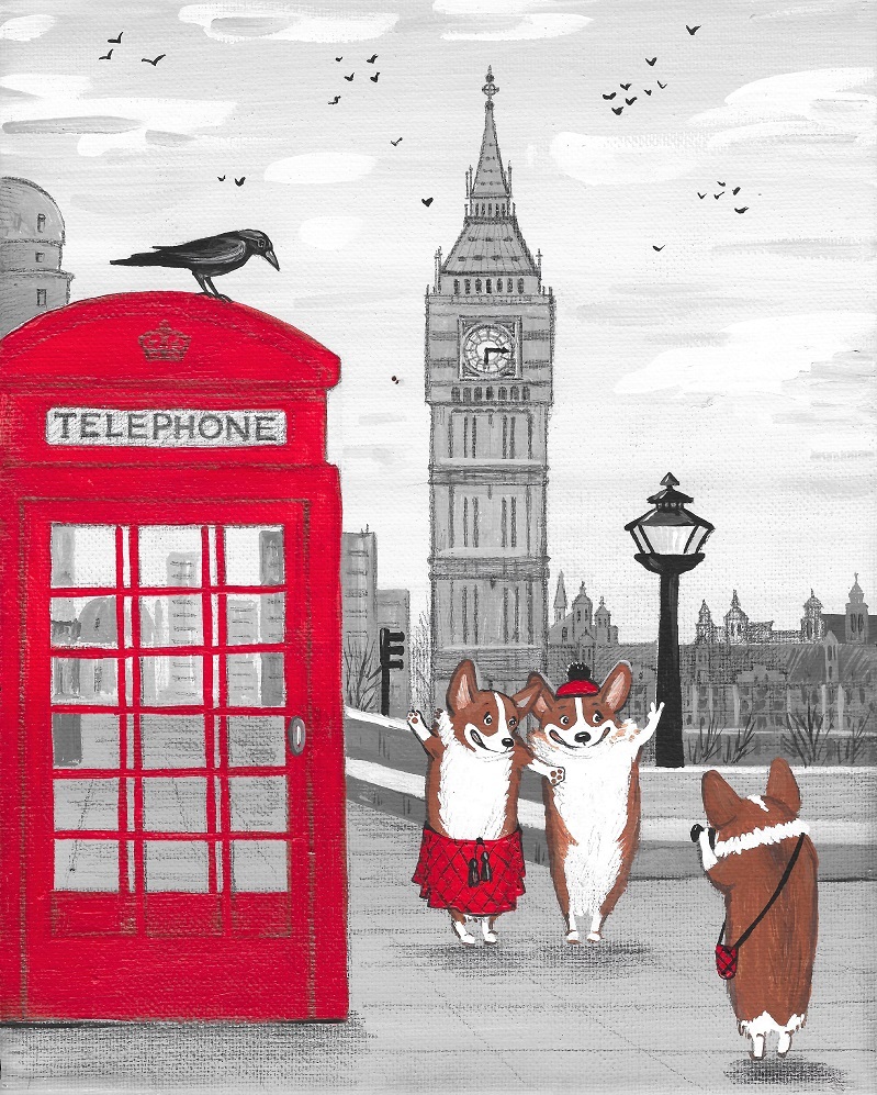 8x10 PRINT OF PAINTING RYTA CORGI TRIP TO LONDON BIG BEN CROW ENGLAND vacation