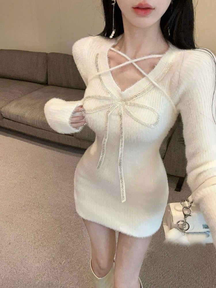 Womens Fashion Bodycon Knitted Slim Dress Sweater Long Sleeve Party Short Dress