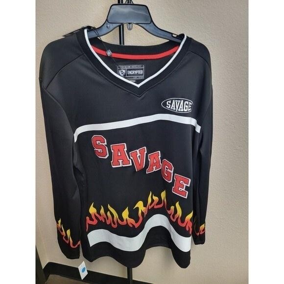 Encrypted Savage Shirt Mens Large Black Flame Hockey Jersey Pullover Streetwear