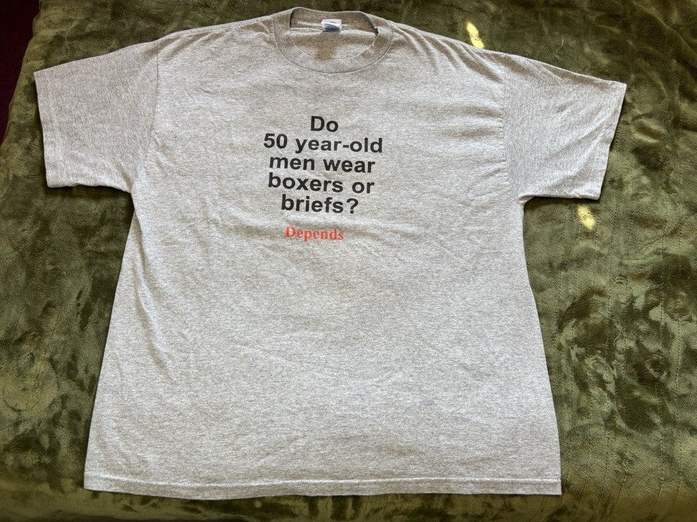 Vintage Depends Adult Diaper Promo Shirt Mens XL Gray Funny Quote Slogan Dad
