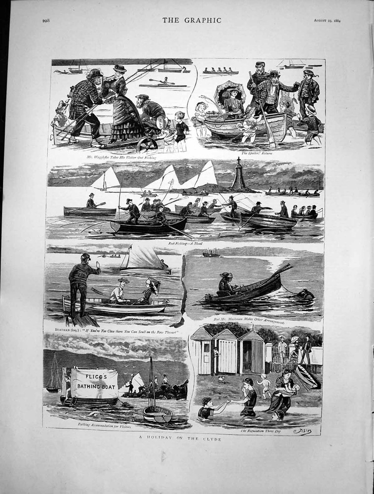 Antique 1884 Clyde Holiday Print Fishing Boat Trip Bathing Accommodation-image