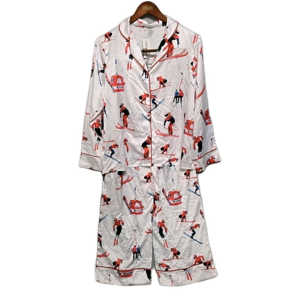 New Sheshow Aspen Snow Ski Satin Pajama Pants Shirt Set Womens Size L White