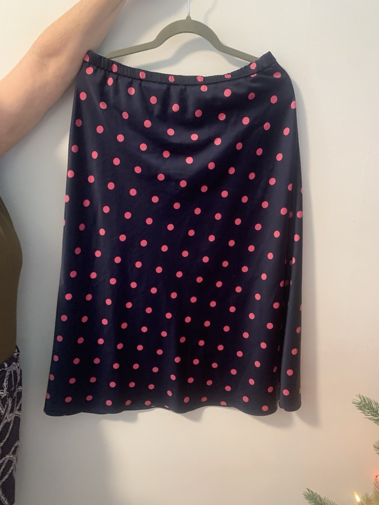 Zara A-Line Elastic Waist Polka Dot Skirt Navy Pink Knee Length Women's Size L