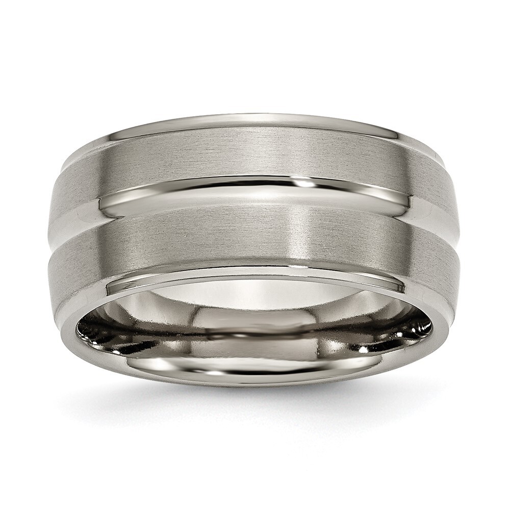Titanium Brushed Polished 10mm Grooved Edge Band Ring Size 12