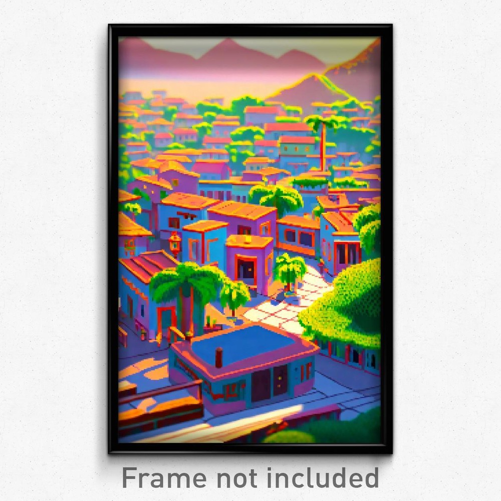 Pixel Art Poster - Simplistic Exotic Town (8 Bit Psychedelic Video Game Print)