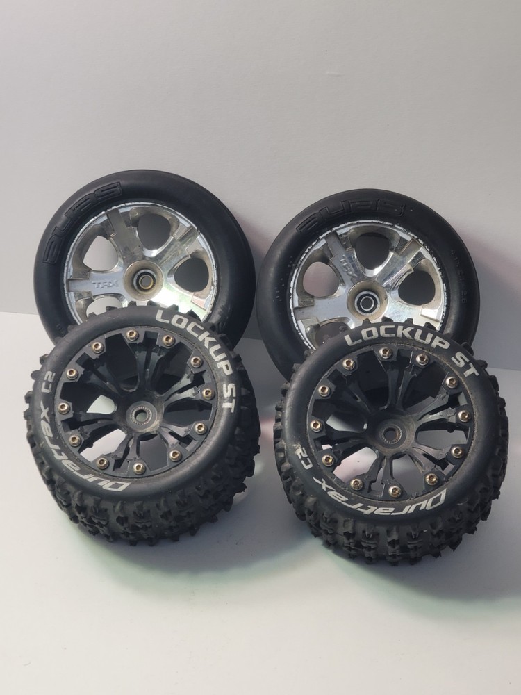 Traxxas Rustler 2wd Front & Rear Black Chrome Mounted Wheels and Tires