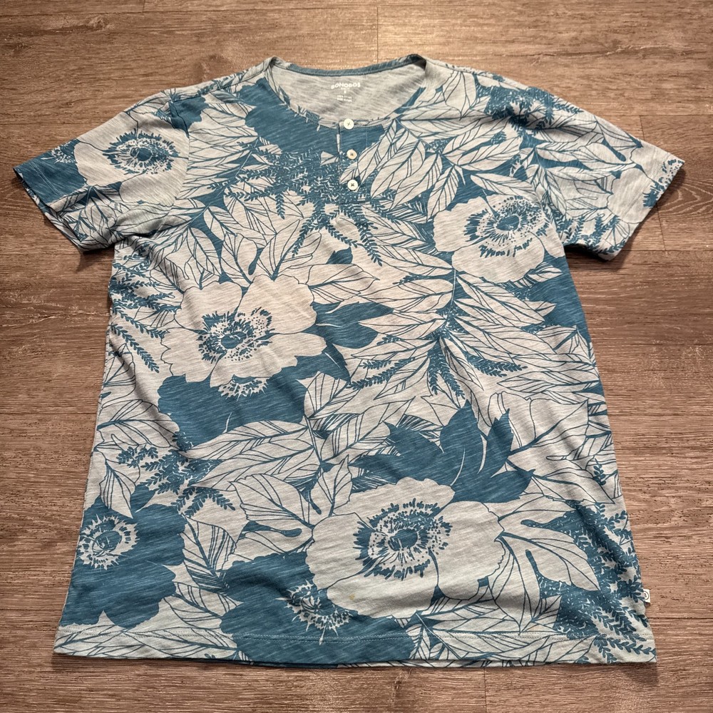 Bonobos Shirt Mens Medium Blue Floral Henley Short Sleeve 100% Casual Cotton
