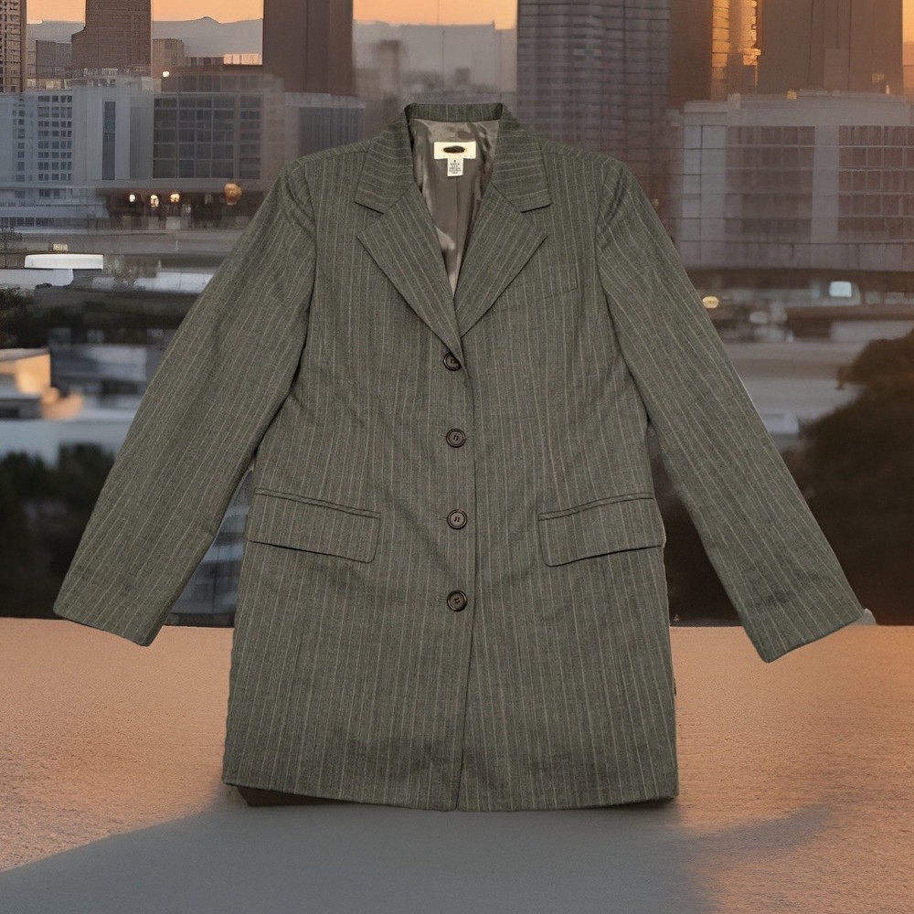 Vtg Talbots Womens Wool Blazer Size 8P Four Button Gray Pinstripe Preppy Money