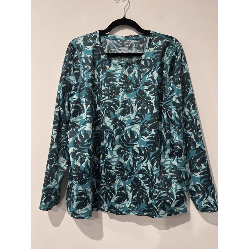 LLBean Womens XL REG Teal Blue Tropical Leaf Print Long Sleeve UV Protection Top