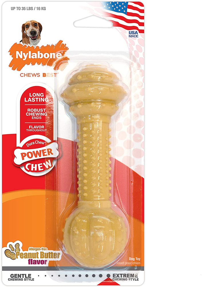 Power Chew Barbell Bone Chew Toy for Dogs, Durable Dog Toy, Peanut Butter Flavo