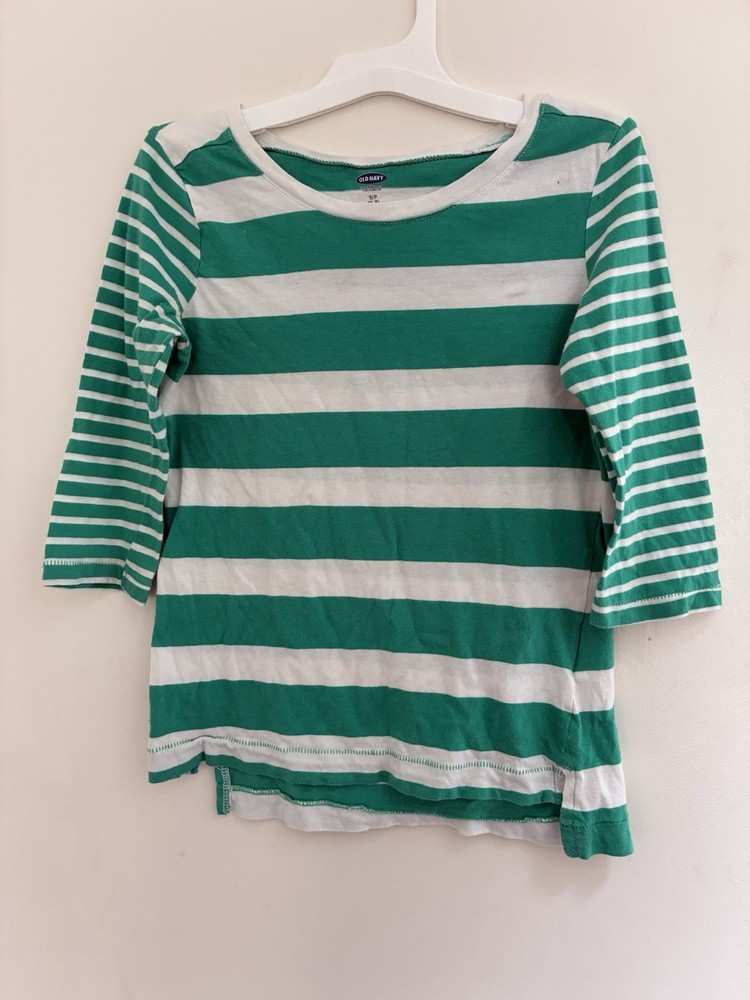 Old Navy Kids Girls Striped 100% Cotton Crewneck 3/4 Sleeve Shirt Teal White S