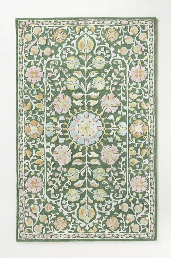 New Handmade Wool & Silk Tufted Rug Floral Botanical Design Green Carpet