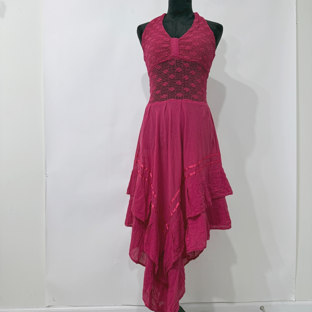 Boho Fairy Halter Dress Small? Pink Crochet Bodice Asymmetric Coquette Festival