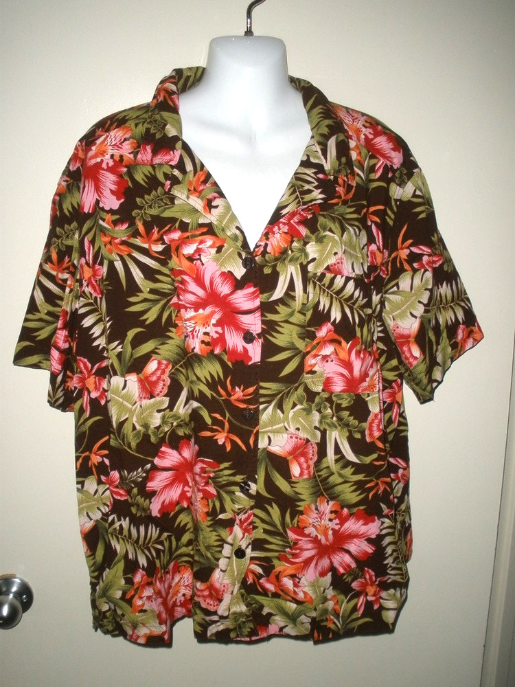 #673 Erika Womens Plus 2X Brown Camp Button Up Floral Jungle SS Vintage