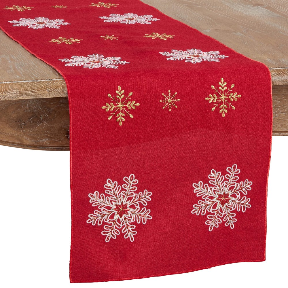 Embroidered Snowflake Design Table Runner, Red, 16