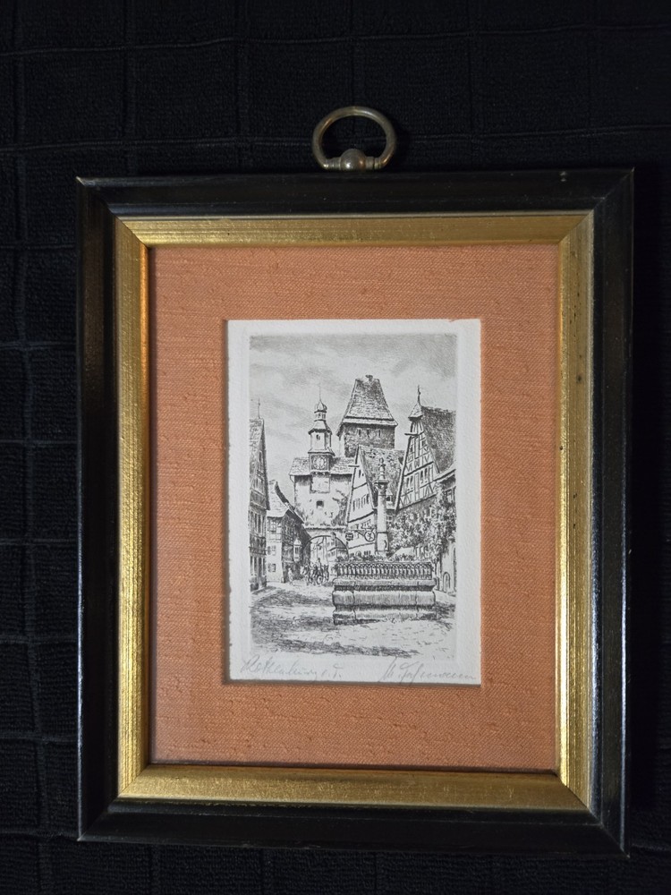 F Fredrich Gortitz Rothenburg Original Etching Framed Signed Vtg Wall Art 9x7
