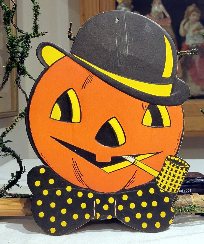 Vintage 1950s Beistle Pumpkin Man with Bow Tie Derby Hat Corncob Pipe Decoration