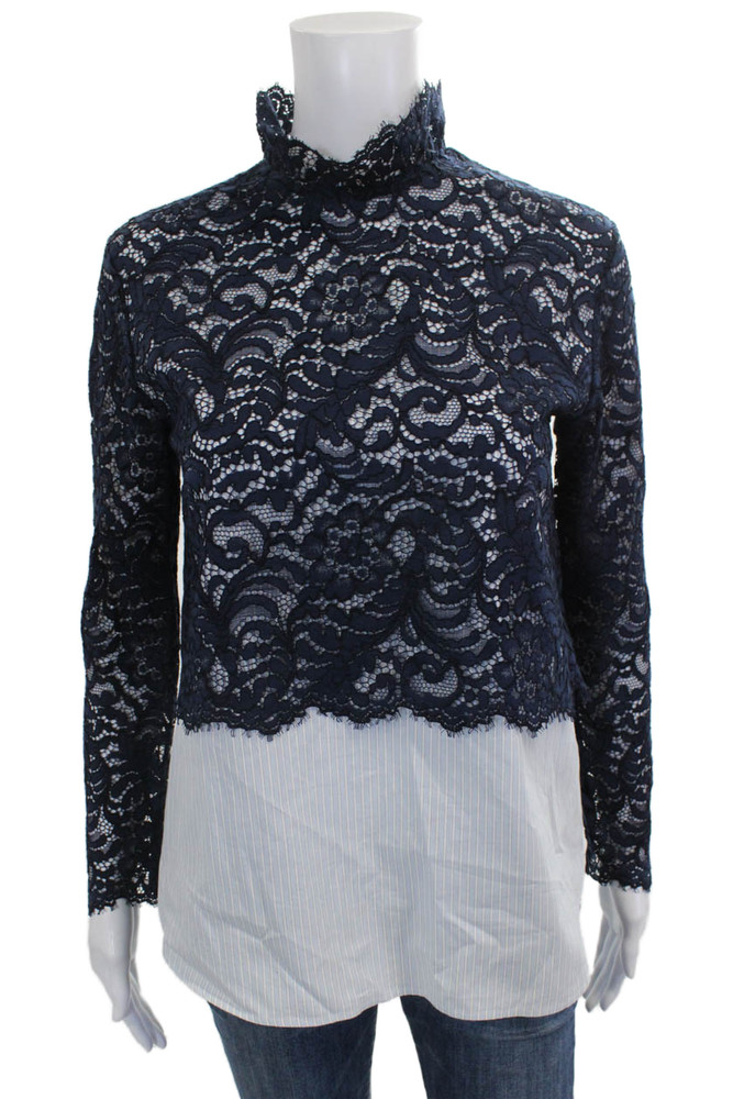 Sandro Women Blue Floral Tunic Blouse High Neck Long Sleeve Size 1Free Shipping in US $100+ Orders | $6.95 Orders Below