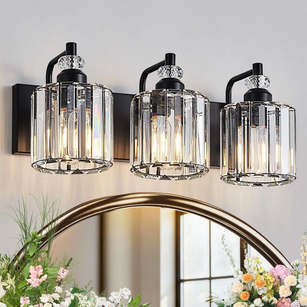 3-Light Black Bathroom Light Fixtures Over Mirror Modern Vanity Lights Crysta...