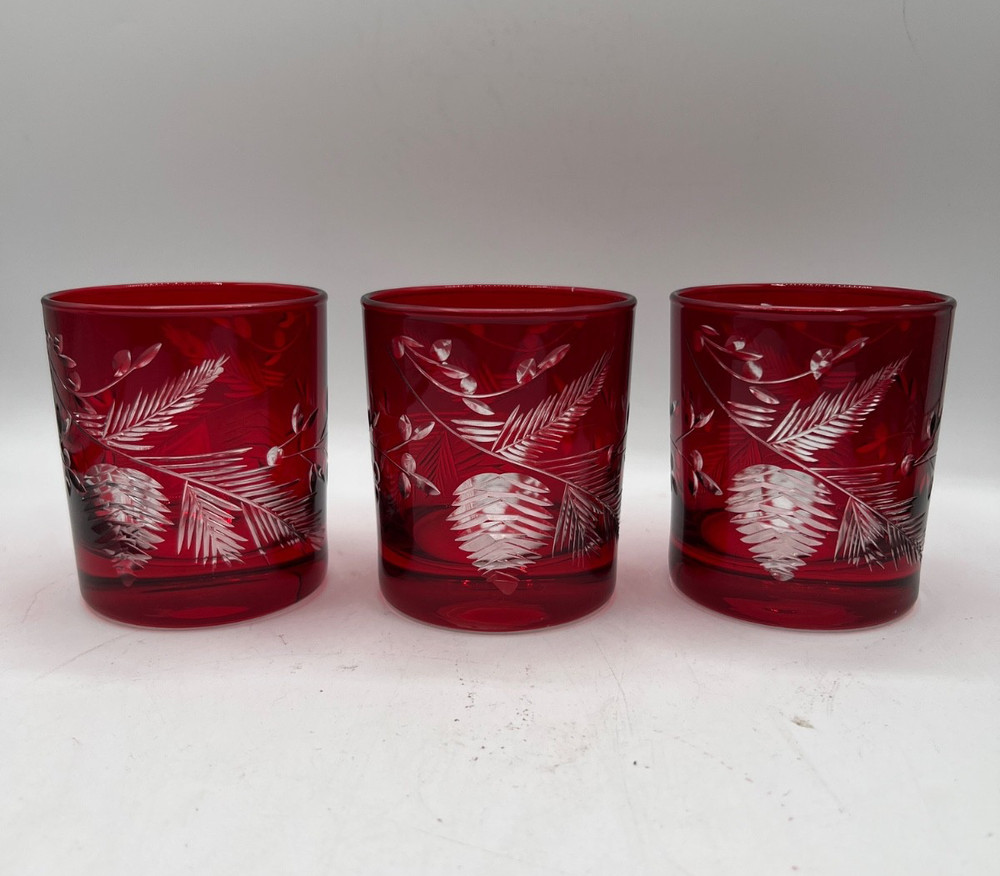 SET 3 Williams Sonoma Red PINECONE Cut Holiday Double OLD FASHIONED Glasses VGC