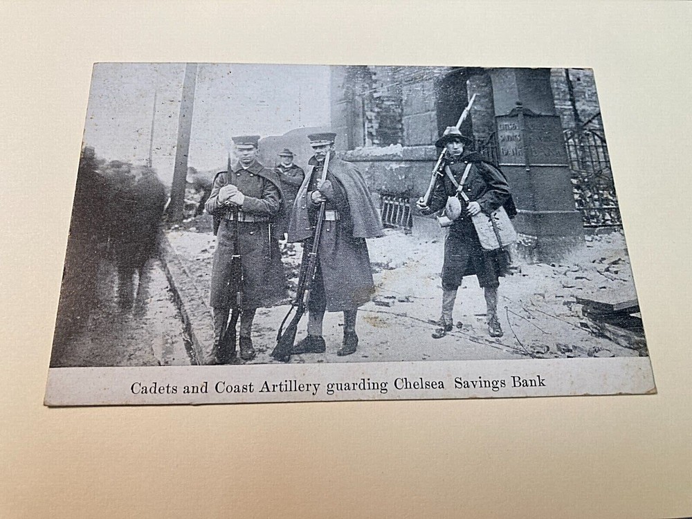 ANTIQUE POSTCARD CADETS & COAST ARTILLERY GUARDING CHELSEA SAVINGS BANK CS1756