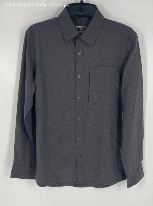 Swiss Tech Mens Charcoal Collared Long Sleeve Button-Up Shirt Size Medium