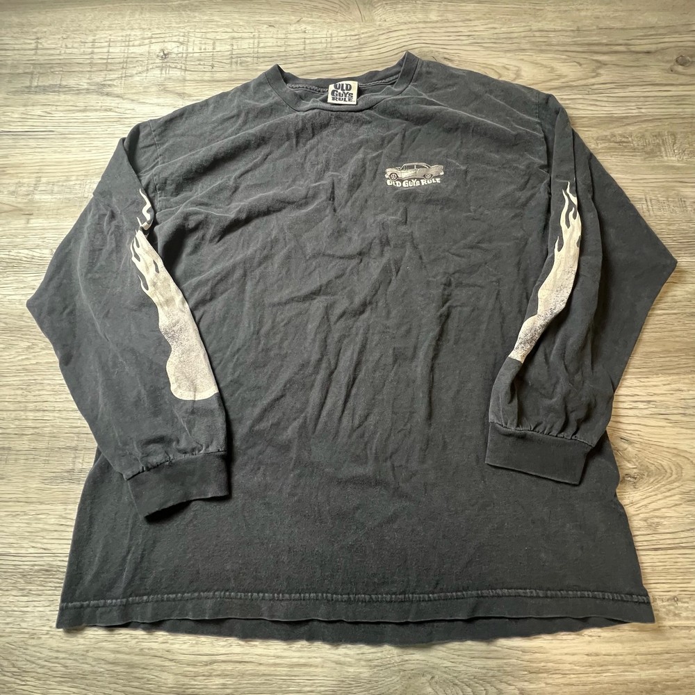 Old Guys Rule Long Sleeve Shirt Mens XL Black Hot Rod Flames Graphic Distressed