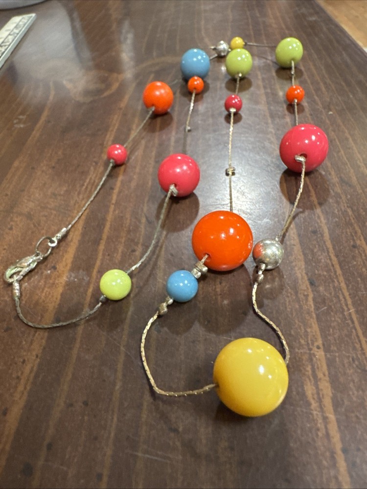 Vintage Necklace Retro Art Deco Beaded Long Silver  Blue Green Pink Orange