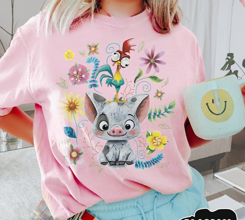 Pua & HeiHei  Shirt, Moana Princess Tee, Cute Flower Pose Tee