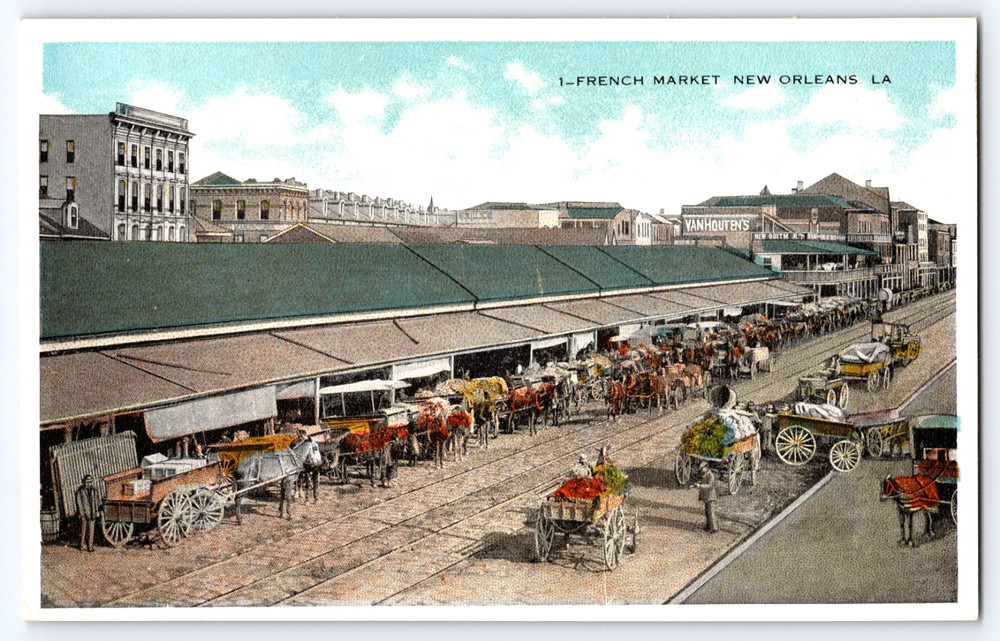 New Orleans Louisiana LA Old French Market Horses And Wagons Vintage Postcard