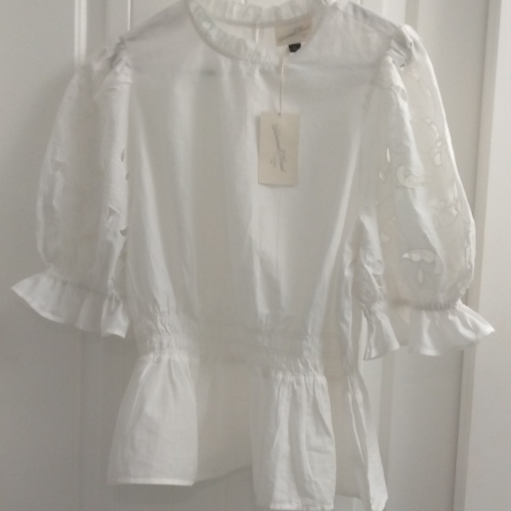 Universal Thread New White Embroidered Smocked Puff Peplum Round Neck Blouse XL