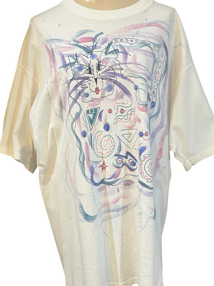 VTG Cat Lady Graphic T shirt USA XL Abstract Kitty 90s Pastel Boho Whimsical Tee-image