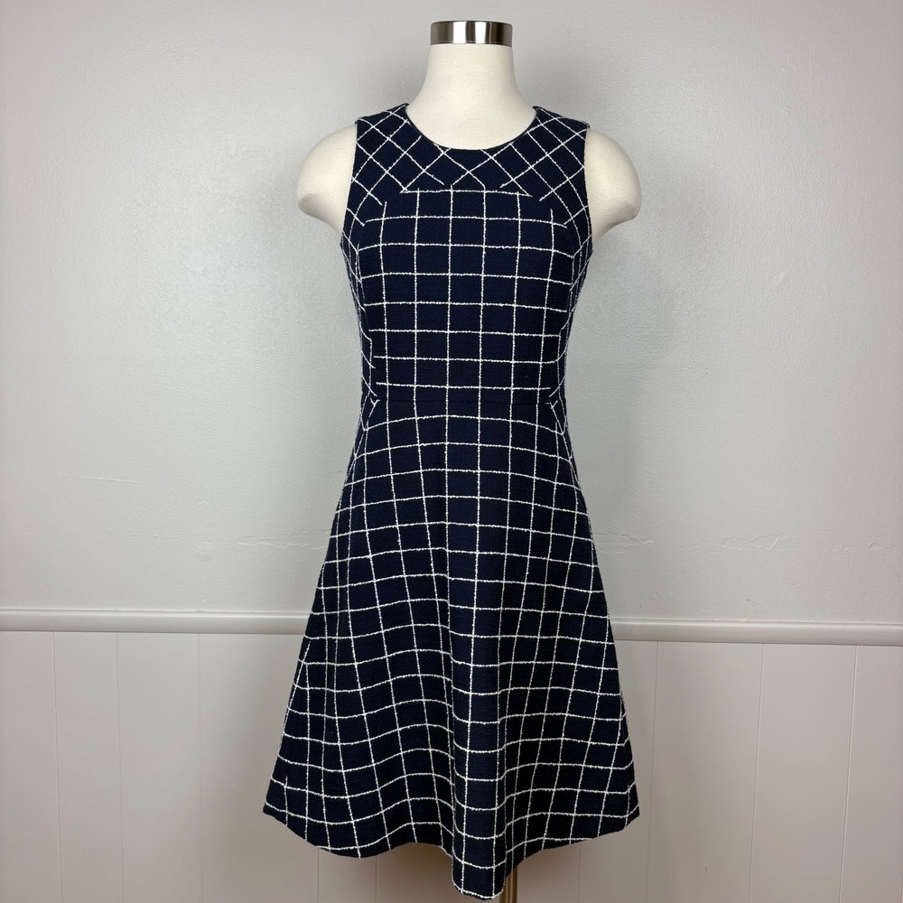 J. Crew Factory Windowpane Tweed Boucle Dress A-Line Size 2 Blue Office Career