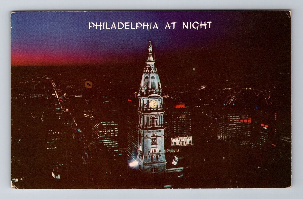 Philadelphia PA- Pennsylvania, Aerial Of City At Night, Antique Vintage Postcard